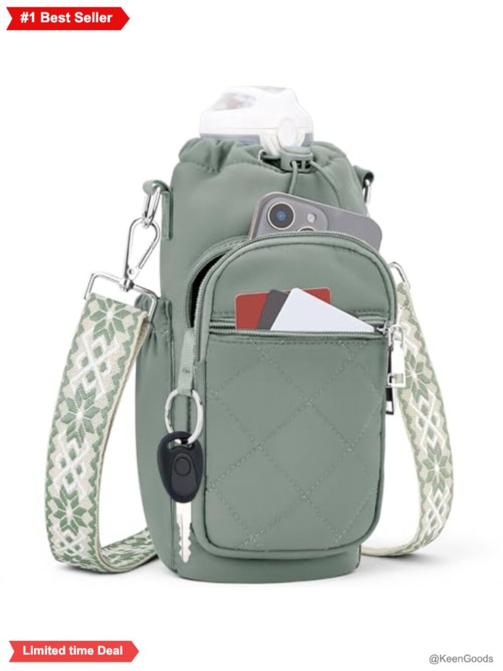 Insulated Water Bottle Sling Bag Crossbody Carrier with Phone Pocket